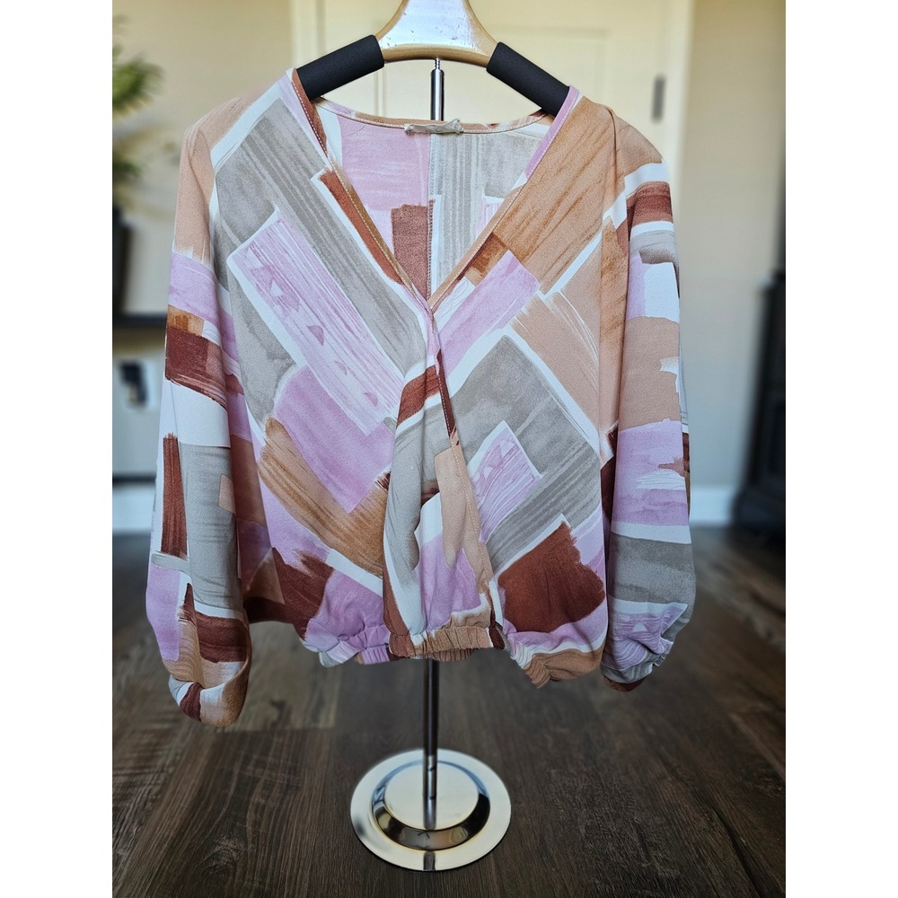 Entro Abstract Brushstroke Surplice V-Neck Blouse Pink Tan Boho Style 5714 Small